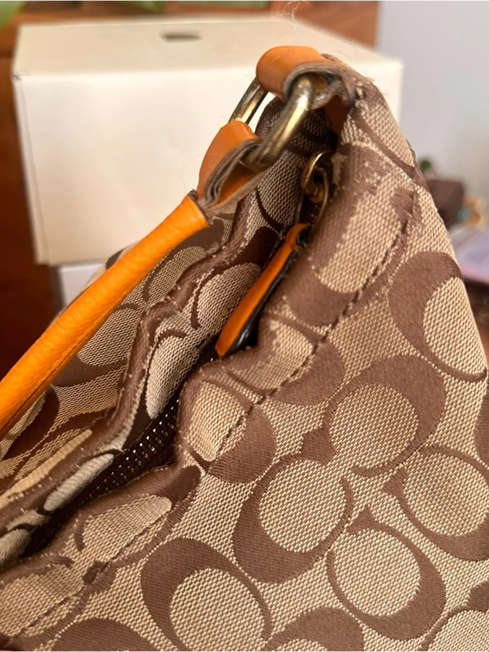 Coach Brown Signature Canvas Hobo with Orange Leather Trim